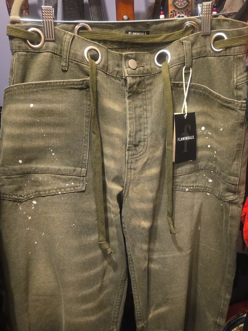 Women's Olive Green Barrel Jeans with Metal Button Fly & Drawstring Waist